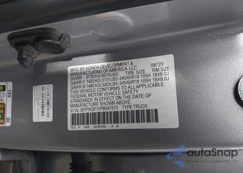 2023 Honda Ridgeline Sport from USA, damaged, VIN 5FPYK3F17PB047513